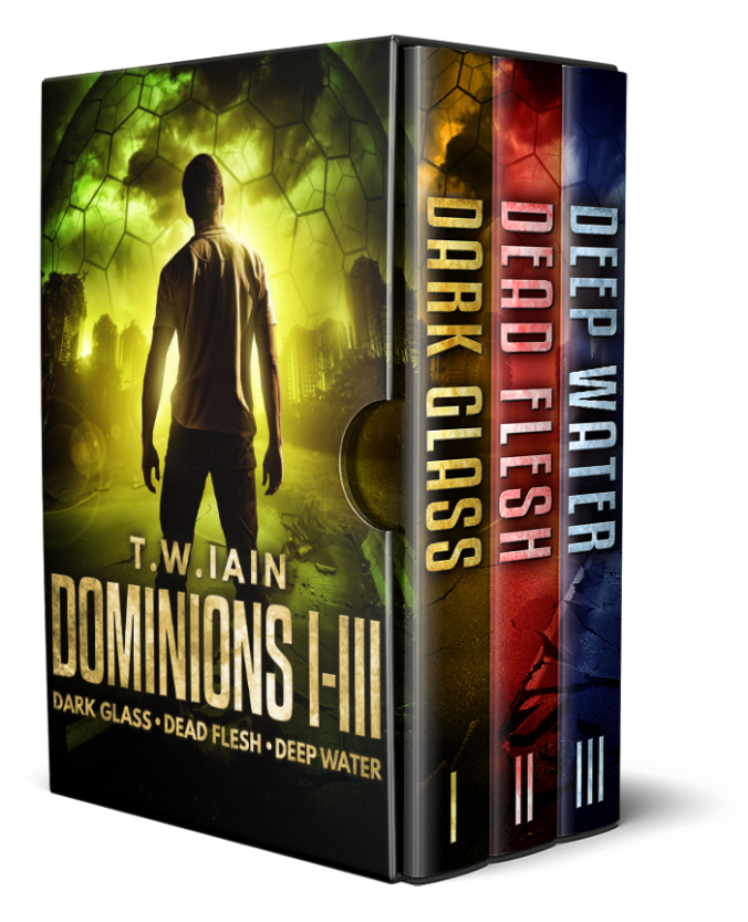 Image of the Dominions Box-Set, containing the first three novels in the series (Dark Glass, Dead Flesh and Deep Water)