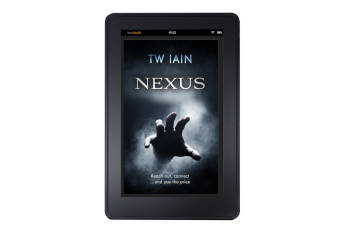 Ereader showing cover art for 'Nexus' by TW Iain, featuring a hand reaching out of smoky darkness.