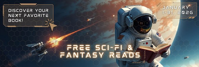 Banner for 'Free Sci-fi & Fantasy Reads' promotion, showing a spaceship and an astronaut against a large planet