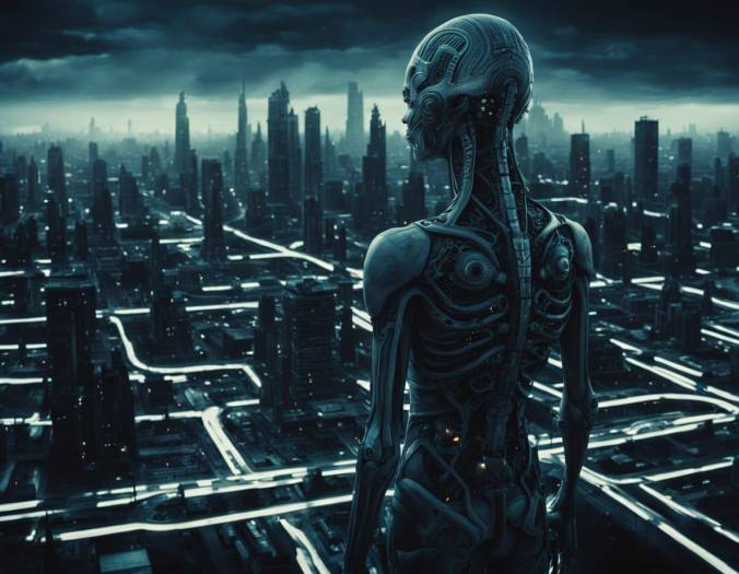 An android looking out over a vast futuristic city. The atmosphere is brooding and unsettling