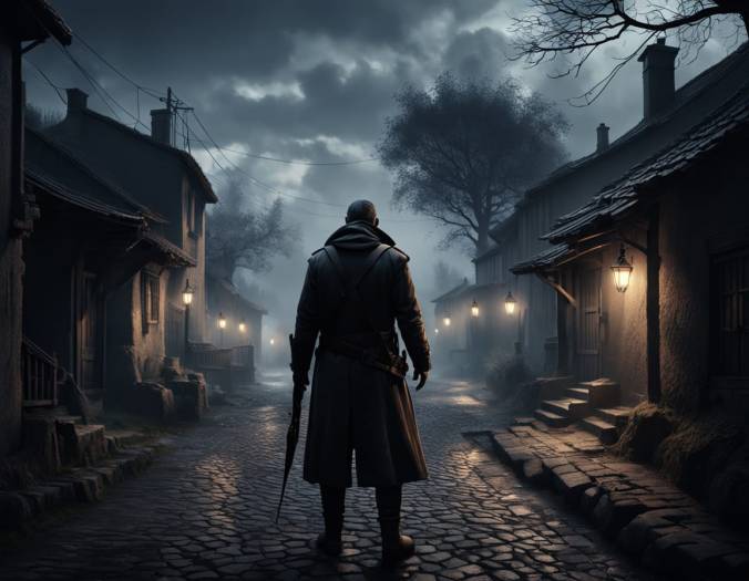 A hunter, holding a long gun, standing in a deserted village street at night. It's foggy, and there's a storm rolling in.