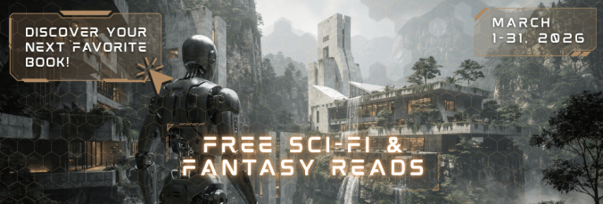 'Free Sci-Fi & Fantasy Reads' promo banner, showing a robot and a forest city