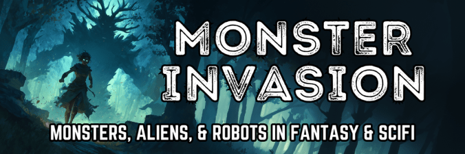 'Monster Invasion' book promotion banner, showing a forest beast in shadow