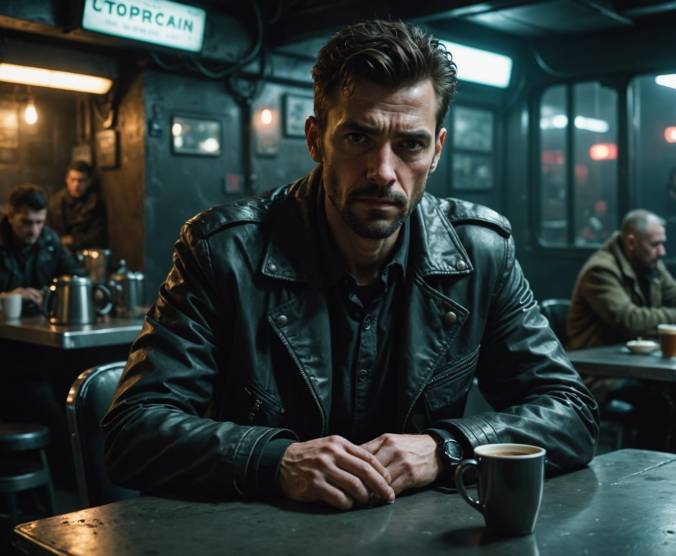 An unshaven, shifty-looking man sits alone in a basement cafe