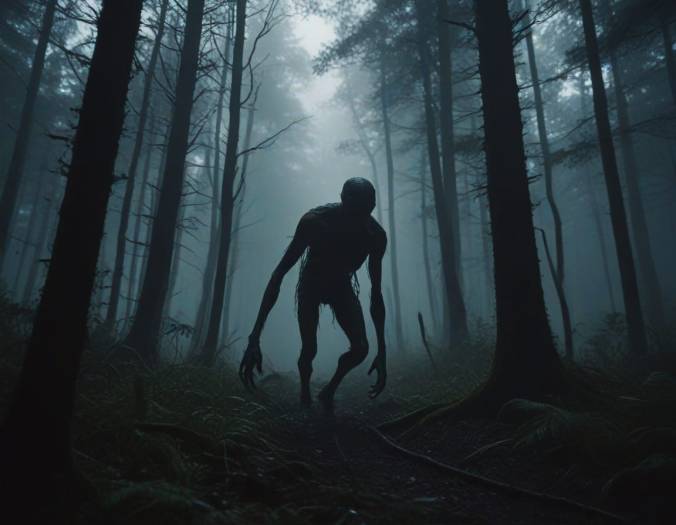 A long-limbed, humanoid beast stalks through a forest at night, the moon casting the monster in shadow